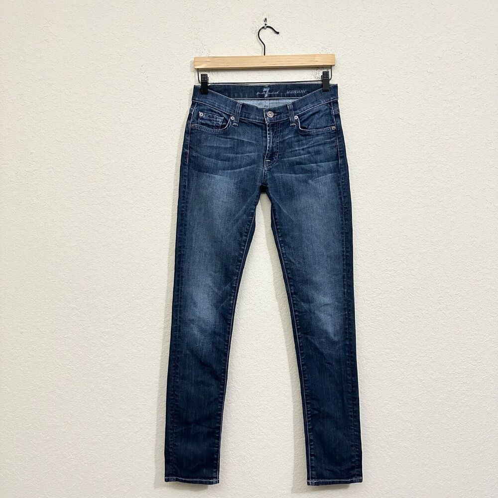 7 FOR ALL MANKIND Roxanne Distressed Low-Rise Skinny Jeans in Blue